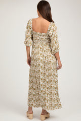 Light Olive Floral Smocked Bodice Maternity Maxi Dress