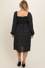 Black Floral Smocked Square Neck Plus Maternity Midi Dress