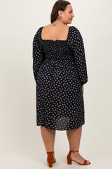 Black Floral Smocked Square Neck Plus Midi Dress
