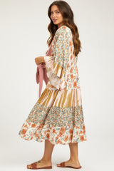 Cream Floral Tiered Ruffle Sleeve Maternity Cover Up