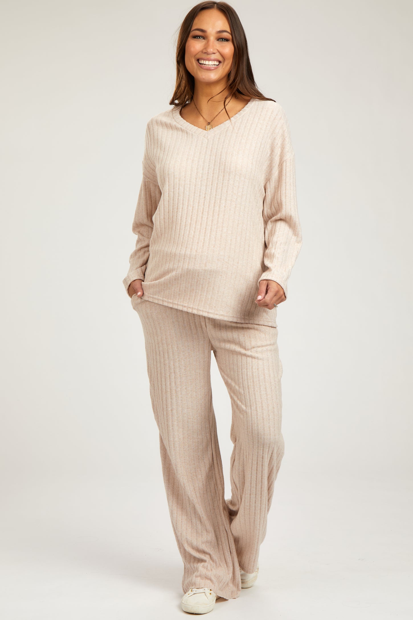 Taupe Ribbed Soft Knit Long Sleeve Pajama Set