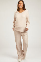 Taupe Ribbed Soft Knit Long Sleeve Pajama Set