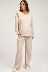 Taupe Ribbed Soft Knit Long Sleeve Pajama Set