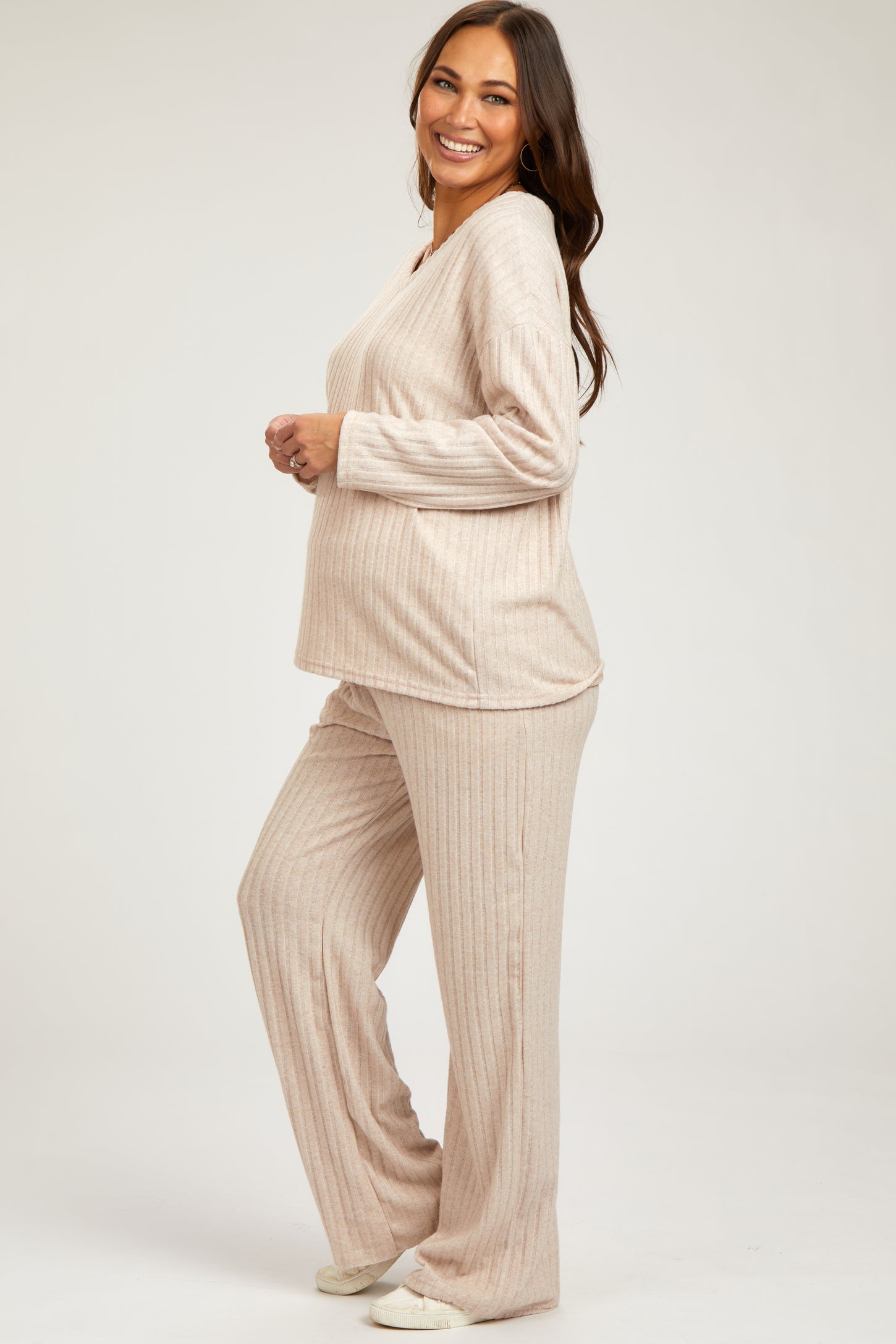 Taupe Ribbed Soft Knit Long Sleeve Pajama Set