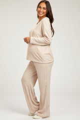 Taupe Ribbed Soft Knit Long Sleeve Pajama Set