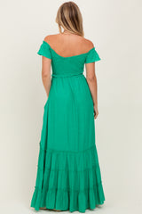 Green Smocked Crossover Off Shoulder Maxi Dress