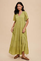 Green Button Detail Tiered Maternity Maxi Dress