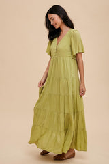 Green Button Detail Tiered Maxi Dress