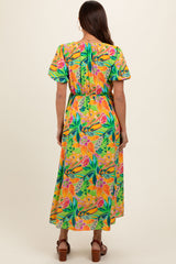 Lime Floral Puff Sleeve Maternity Midi Dress