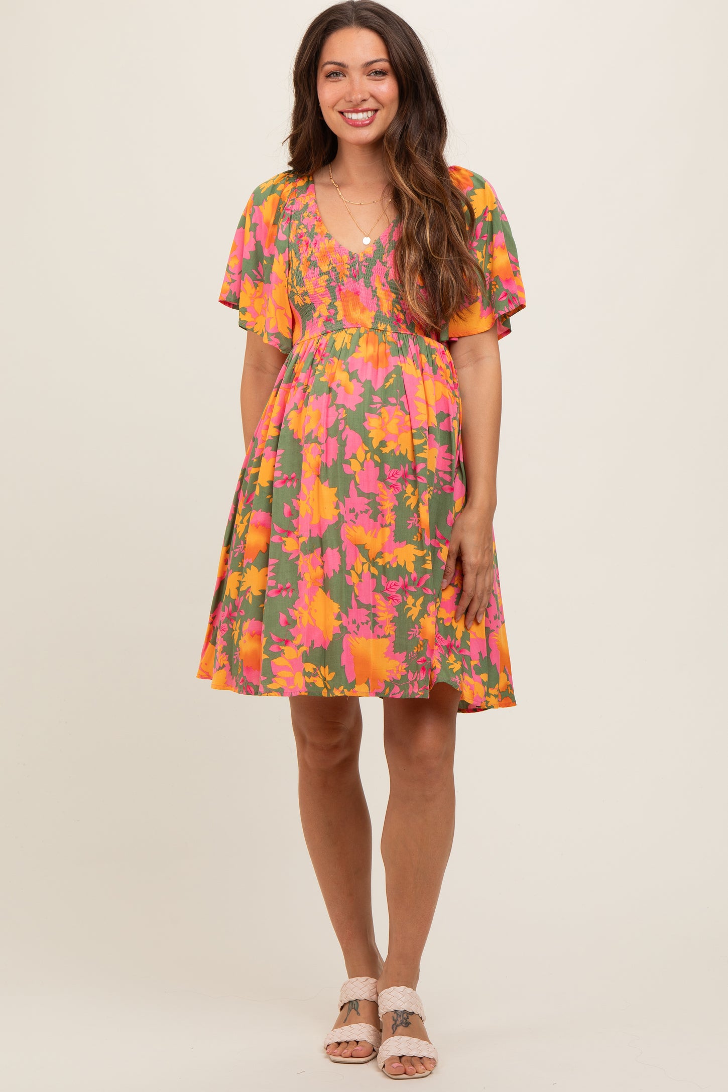 Olive Leaf Print Smocked V-Neck Maternity Dress