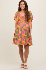 Olive Leaf Print Smocked V-Neck Maternity Dress