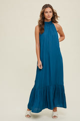 Teal Textured Halter Tie Maxi Dress