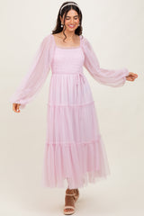 Pink Mesh Tiered Long Sleeve Maxi Dress