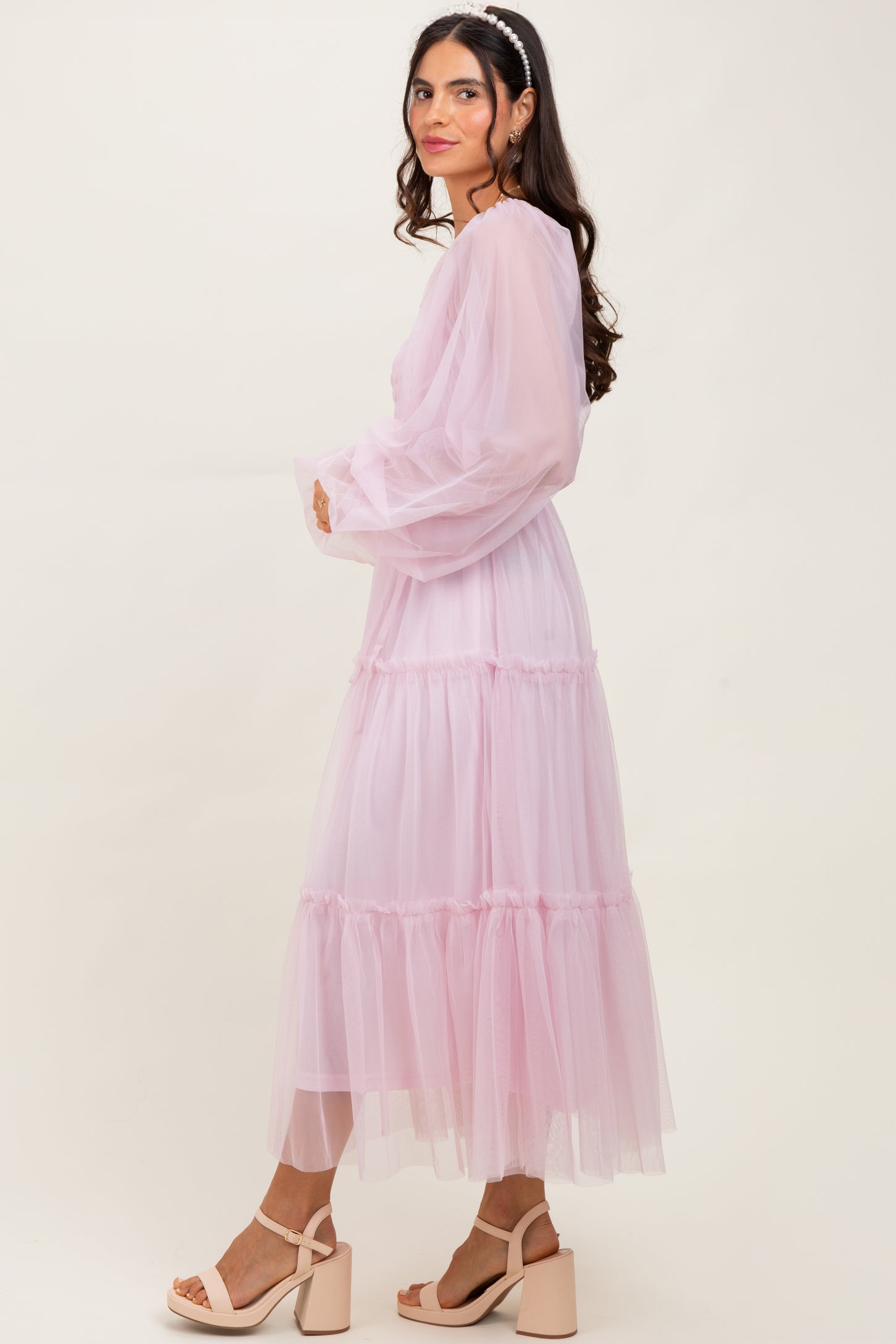 Pink Mesh Tiered Long Sleeve Maxi Dress