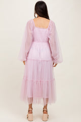 Pink Mesh Tiered Long Sleeve Maxi Dress