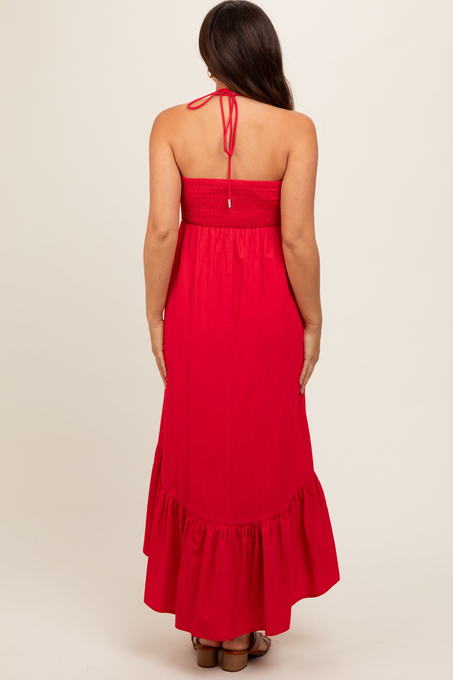 Red Halter Neck High-Low Hem Maternity Dress