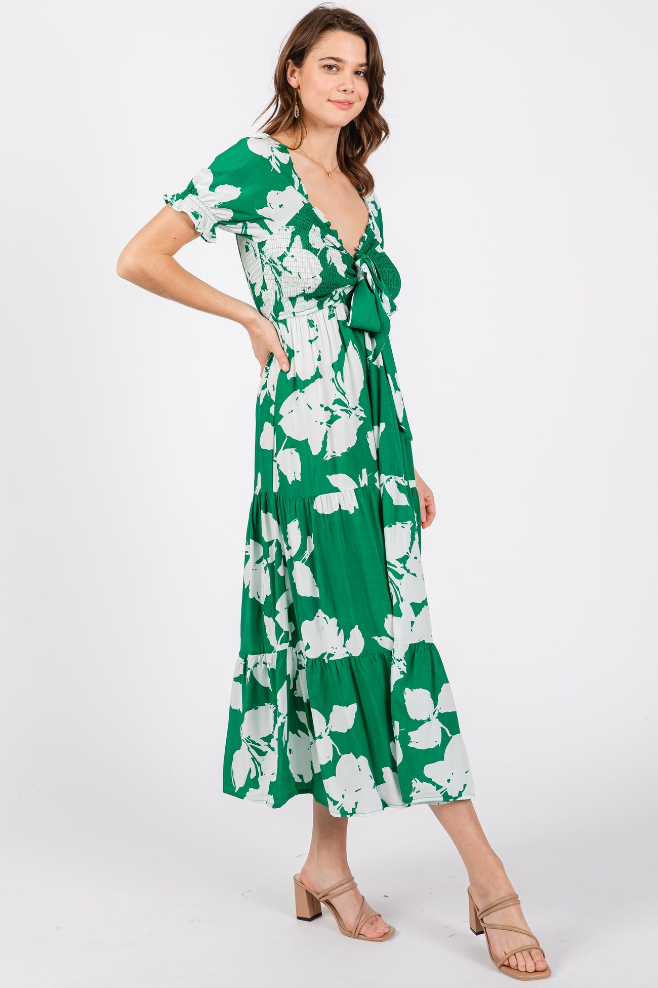 Green Floral Smocked Knotted Top Maxi Dress
