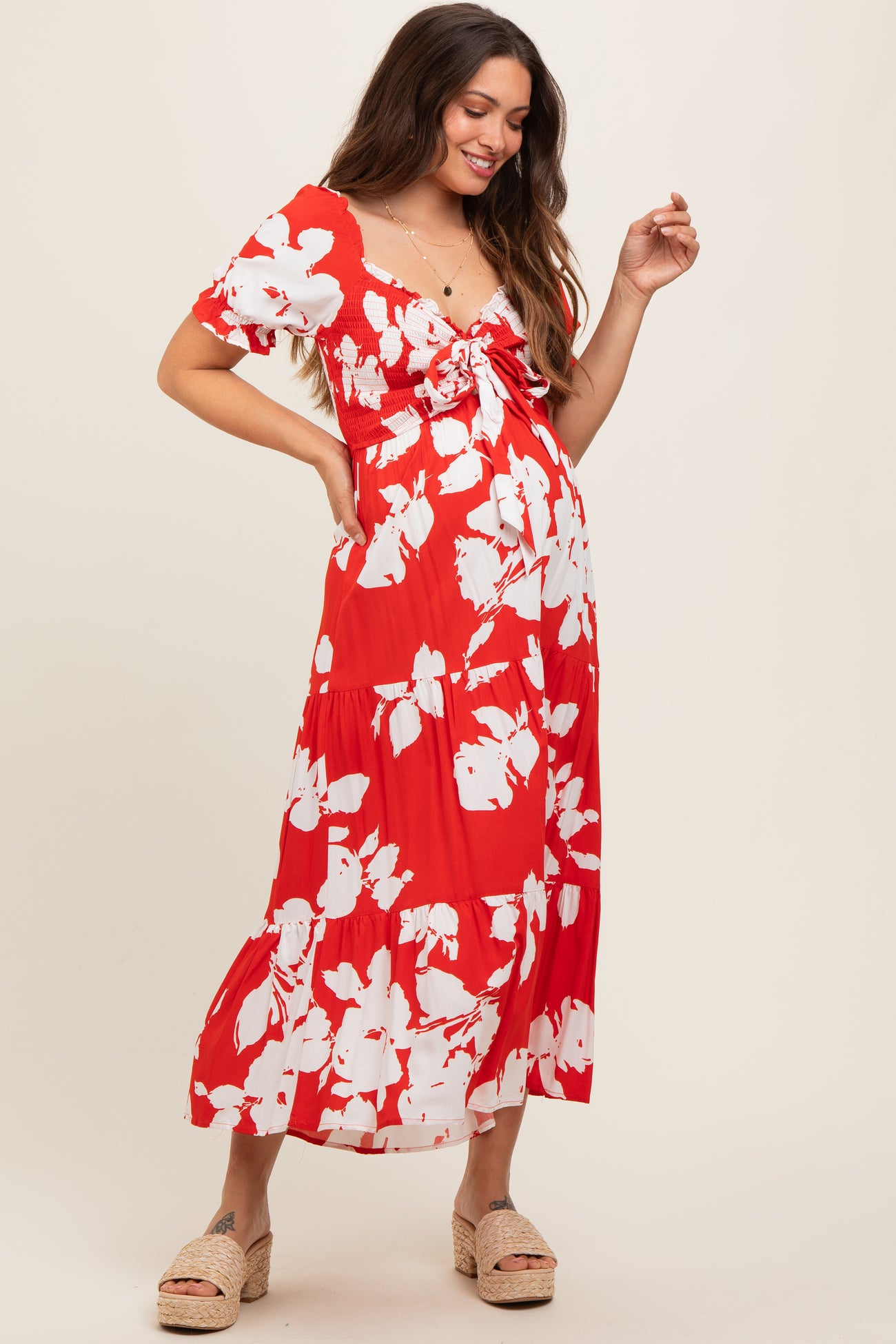 Red Floral Smocked Knotted Top Maternity Maxi Dress