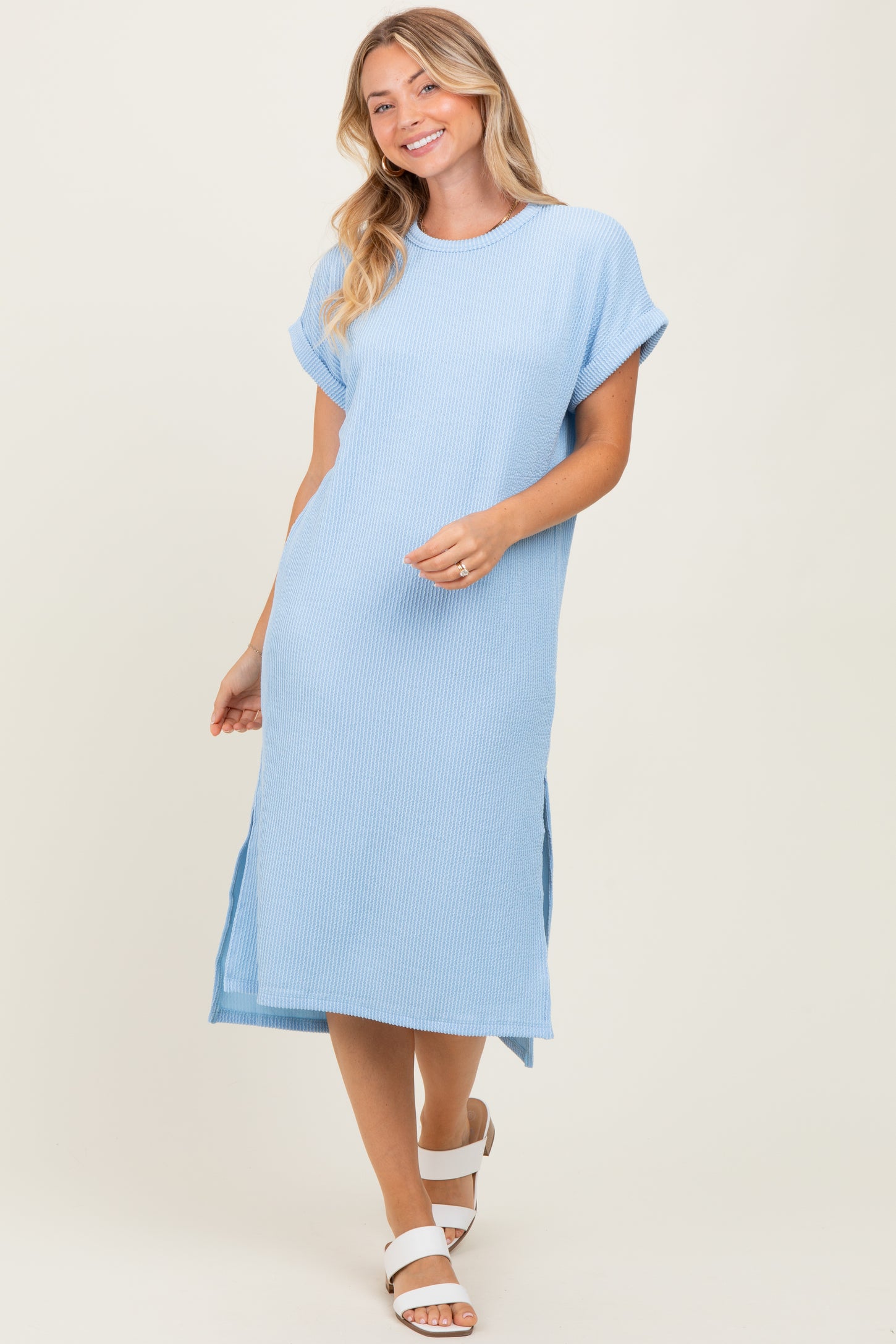 Light Blue Ribbed Short Sleeve Midi Dress