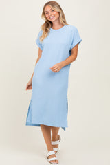 Light Blue Ribbed Short Sleeve Midi Dress