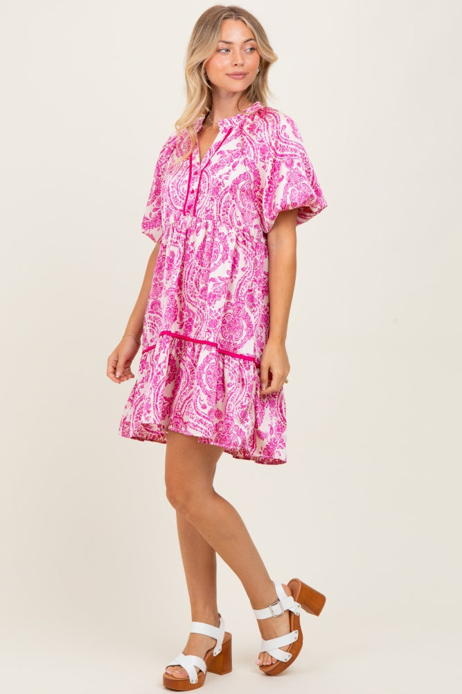 Fuchsia Print Satin Puff Sleeve Dress