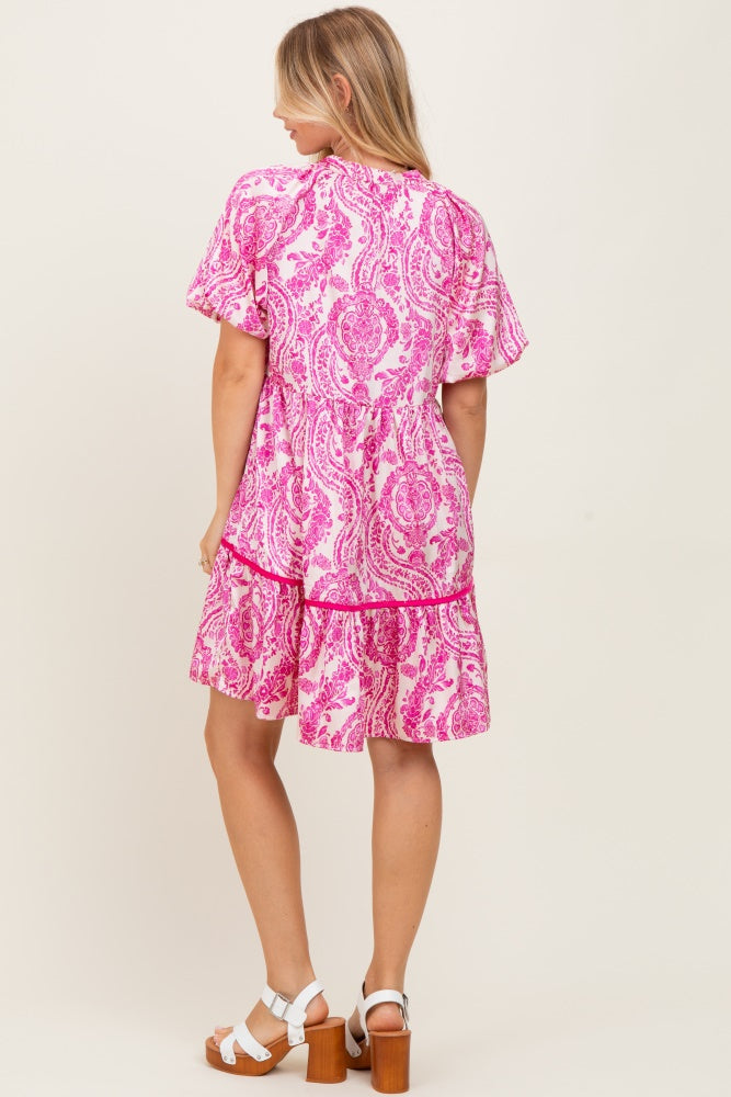 Fuchsia Print Satin Puff Sleeve Dress
