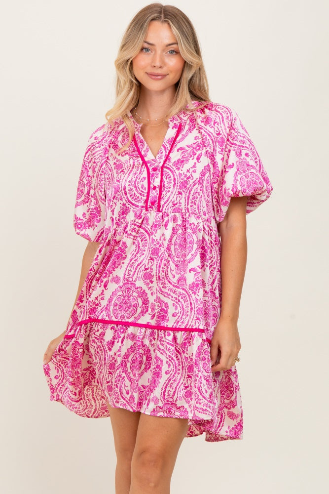 Fuchsia Print Satin Puff Sleeve Dress