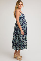 Navy Blue Leaf Print Square Neck Tiered Maternity Midi Dress