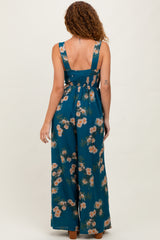 Teal Floral Smocked Jumpsuit