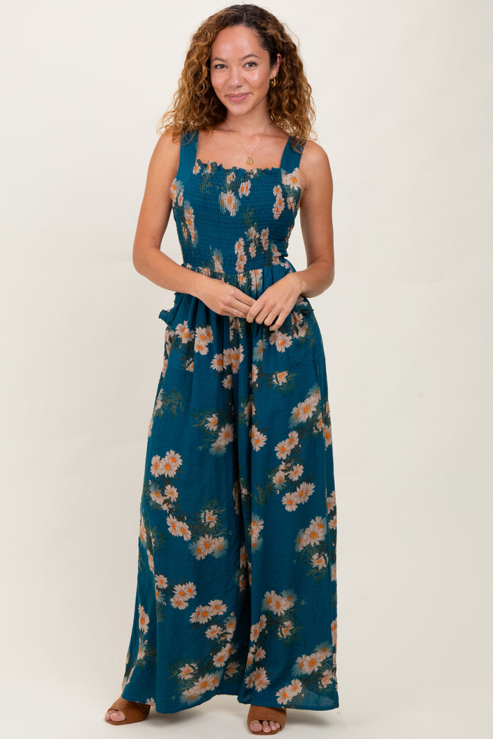Teal Floral Smocked Maternity Jumpsuit