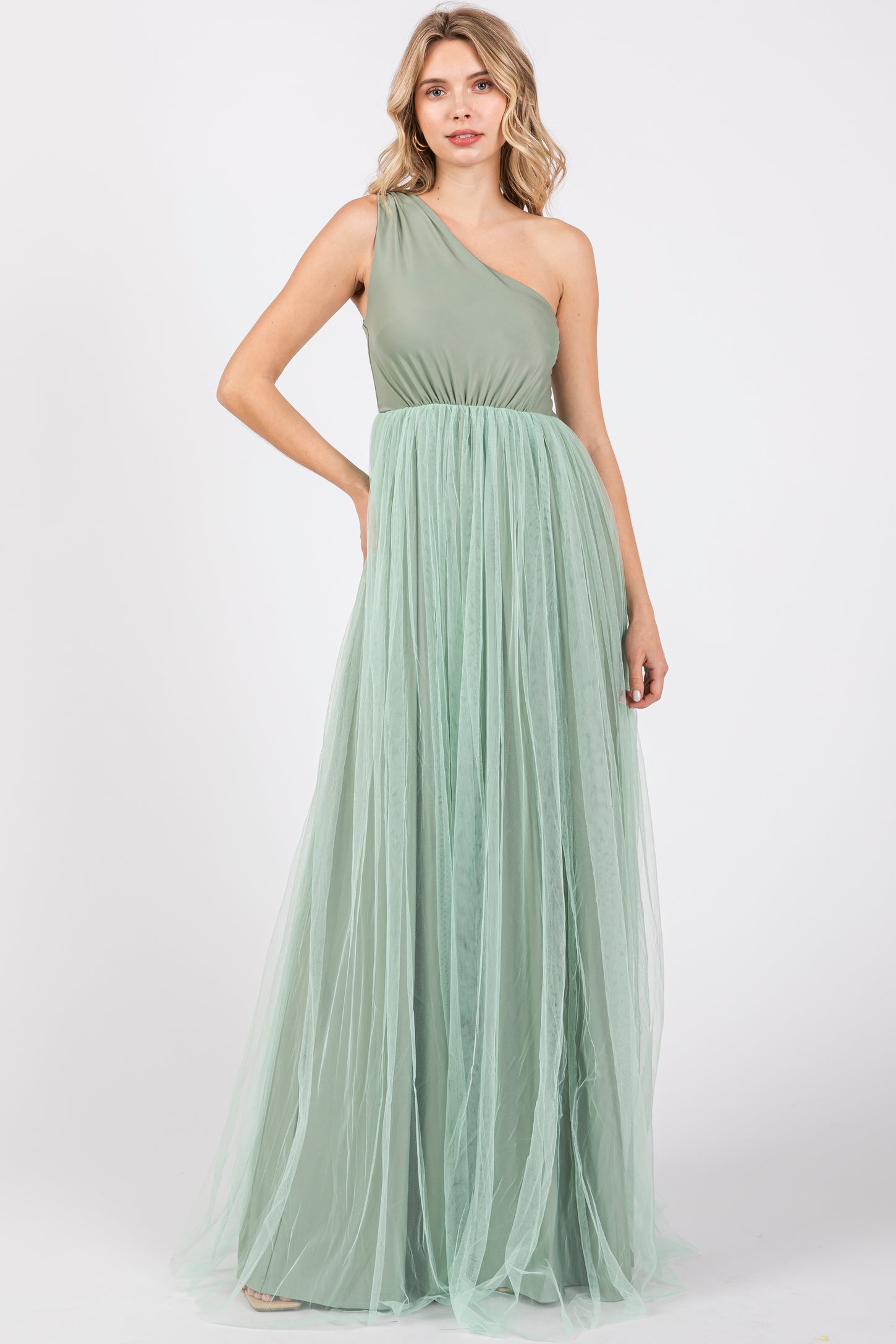 Light Olive One Shoulder Tulle Maternity Maxi Dress
