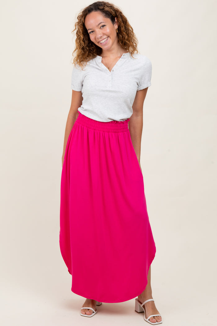 Fuchsia Smocked Rounded Hem Maternity Maxi Skirt