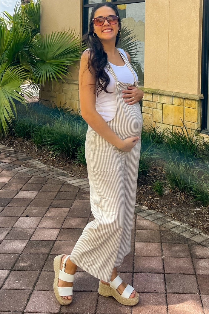 Taupe Striped Linen Maternity Overalls