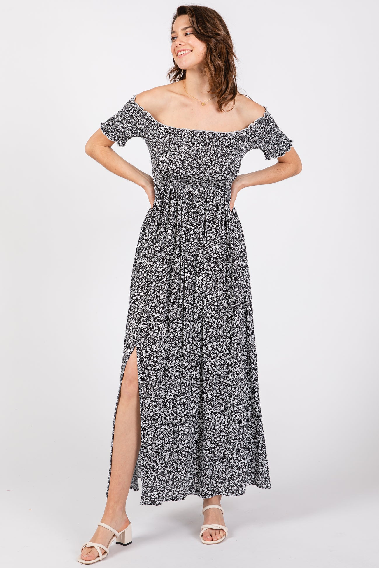 Black Floral Smocked Fitted Sleeve Side Slit Maternity Maxi Dress