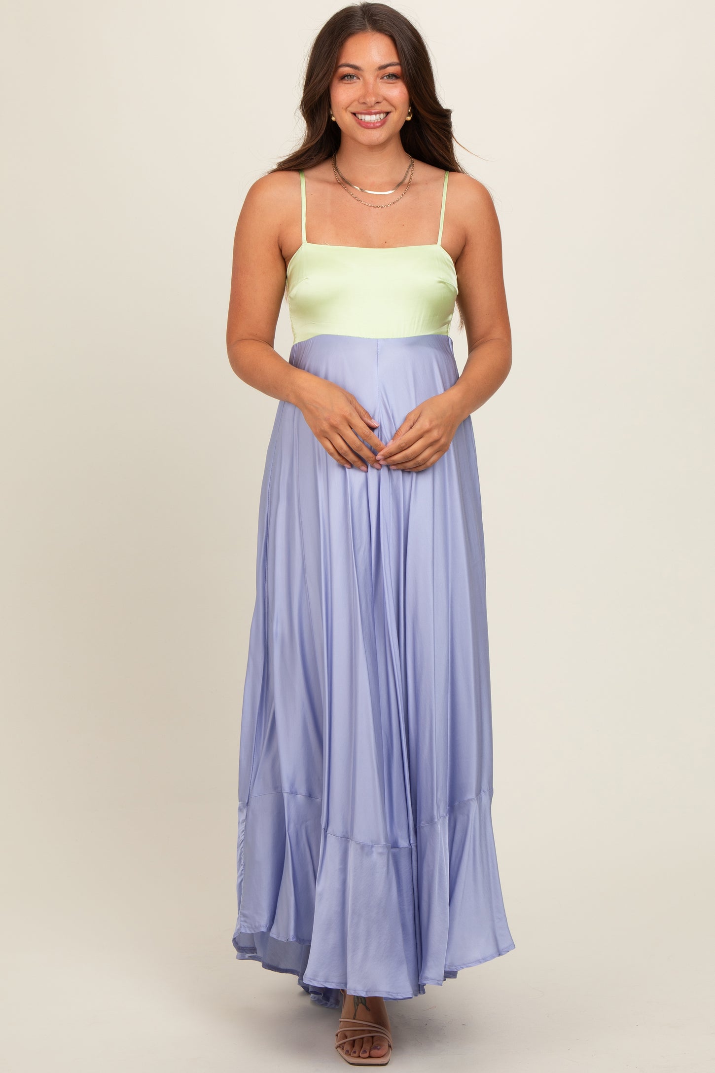 Lime Colorblock Sleeveless Satin Maternity Dress