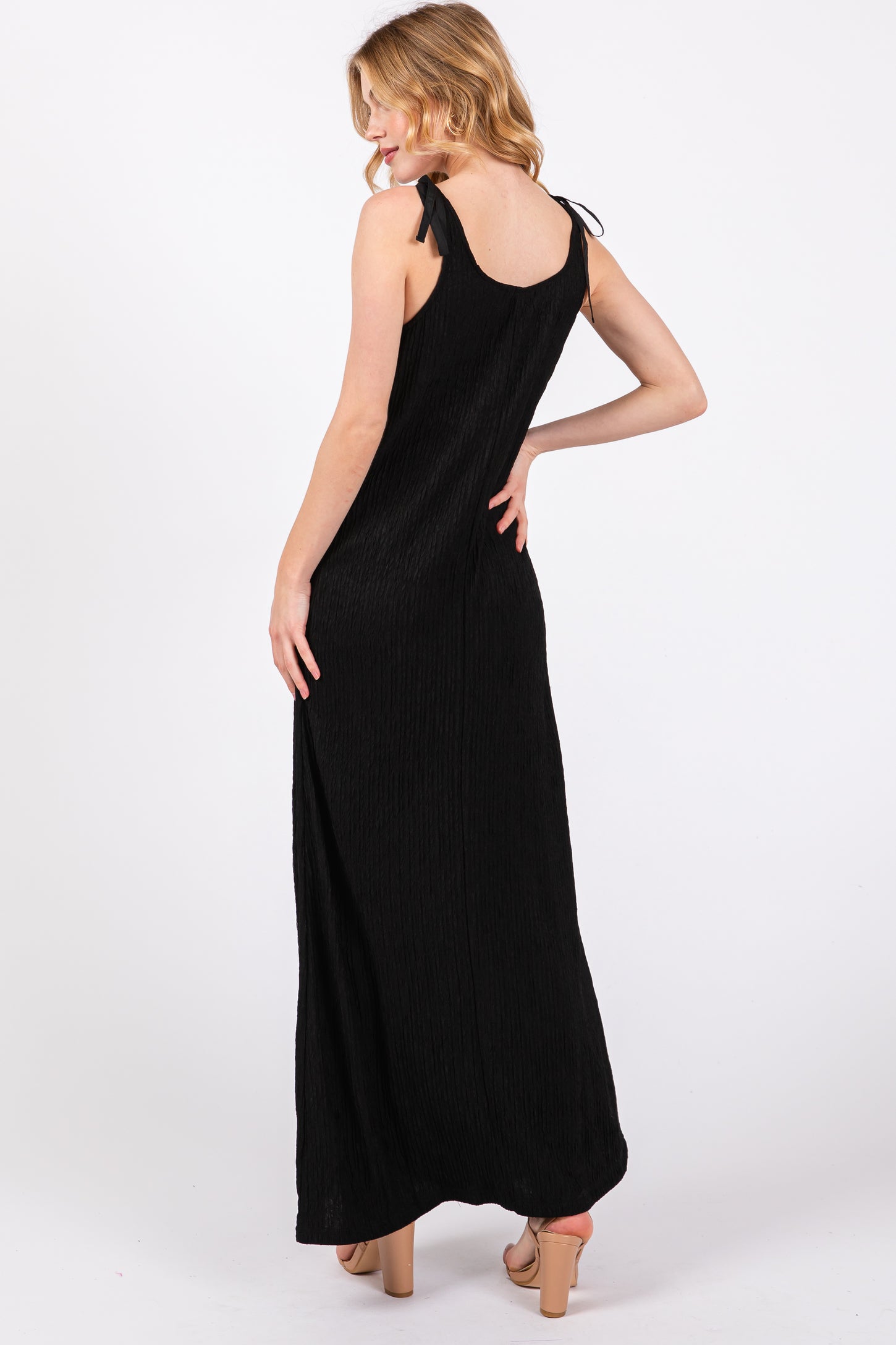 Black Textured Tie Strap Midi Dress