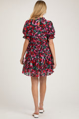 Black Abstract Floral Print Tiered Maternity Dress