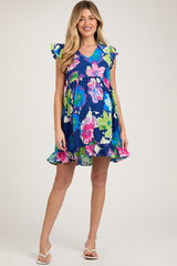 Navy Blue Floral Ruffle Shoulder Maternity Dress