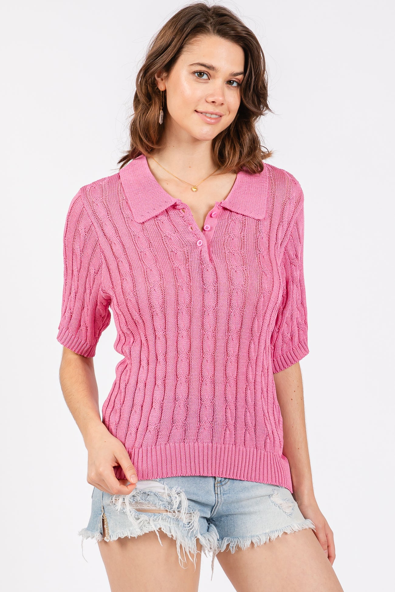 Pink Knit Button Collared Maternity Top