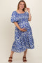 Royal Printed Smocked Puff Sleeve Plus Maternity Midi Dress