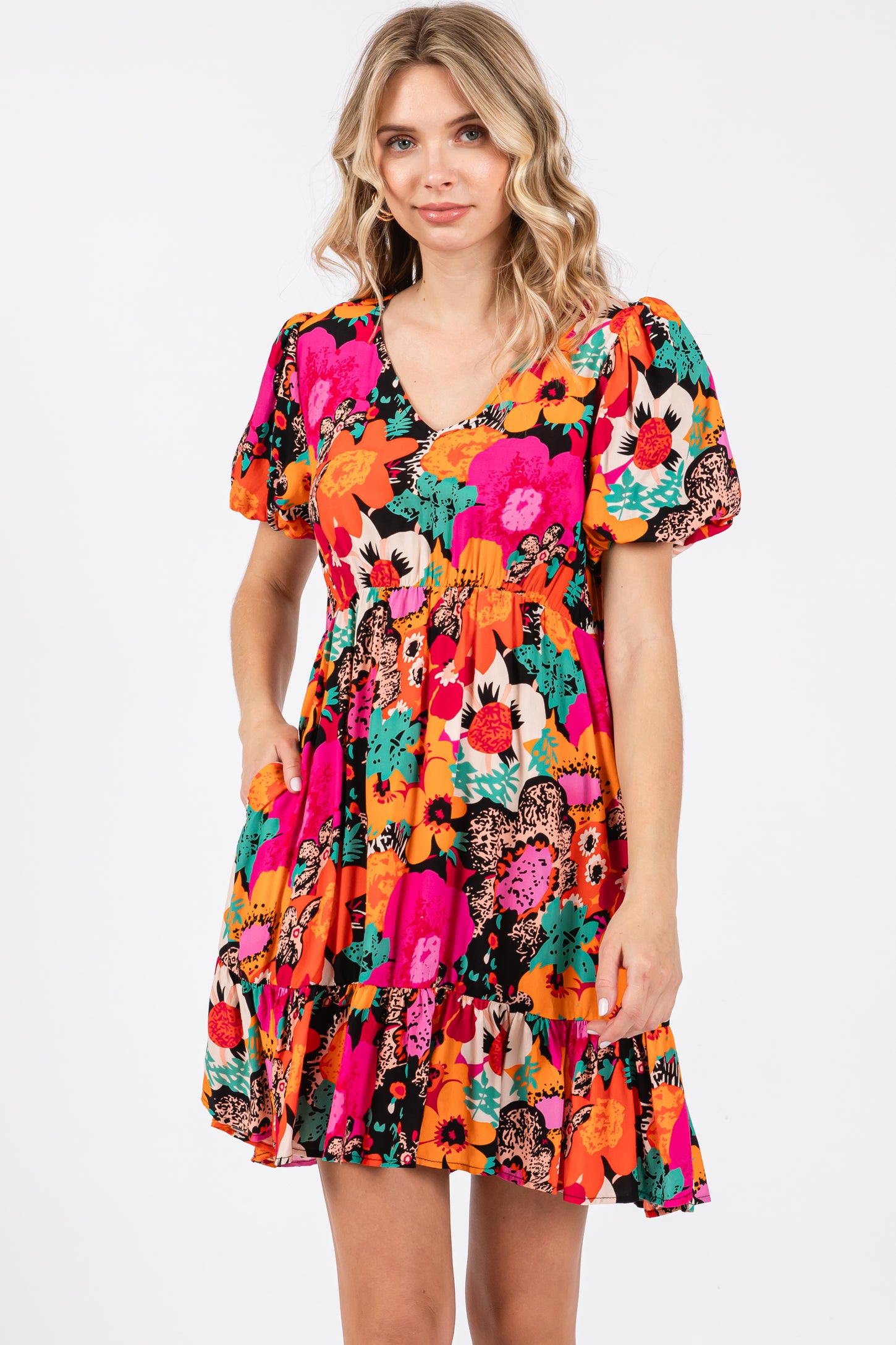 Multi-Color Floral Puff Sleeve Ruffle Hem Dress
