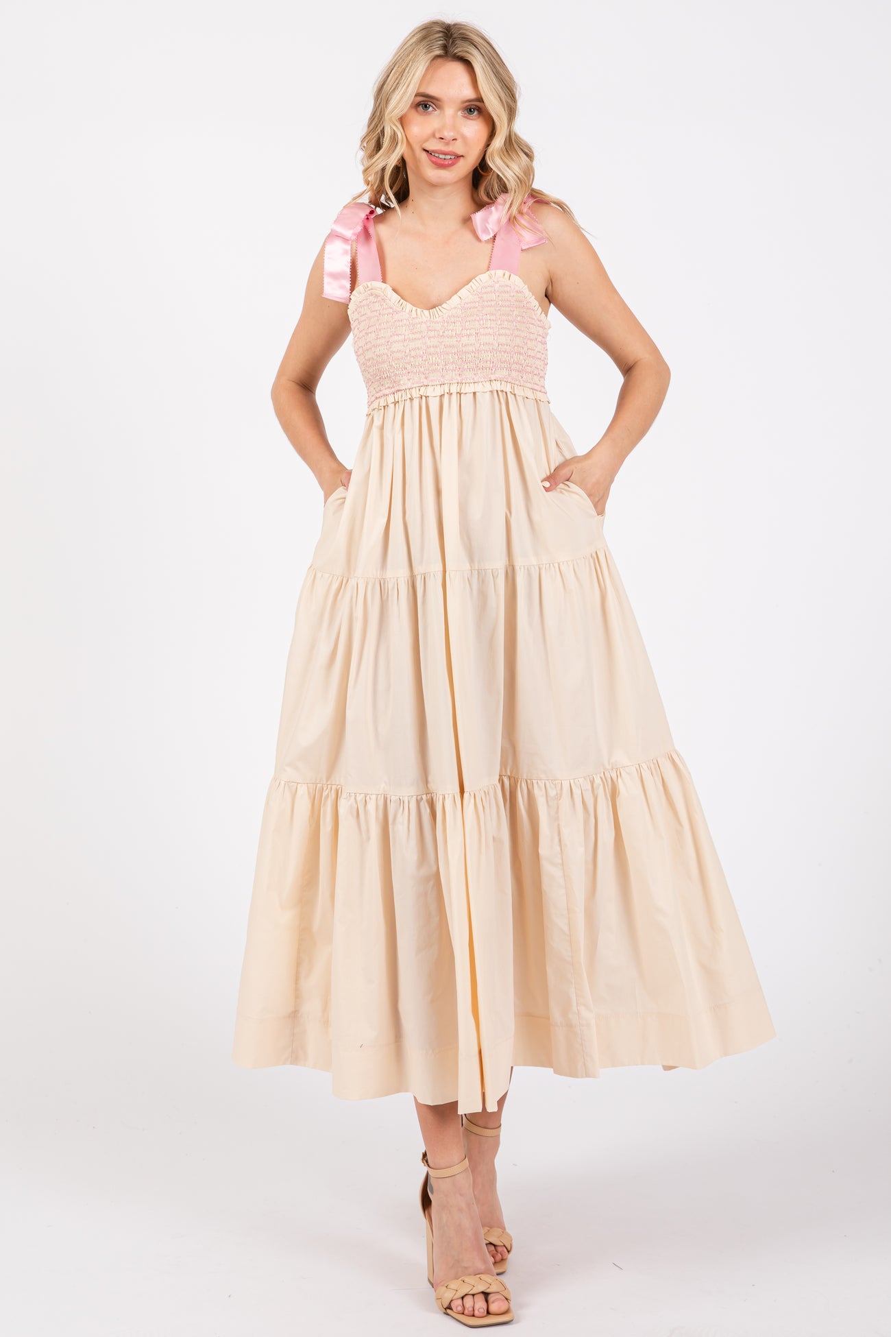 Cream Ribbon Strap Tiered Maternity Maxi Dress
