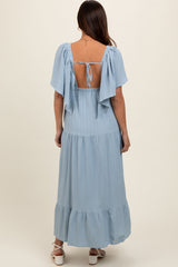 Light Blue Deep V-Neck Flutter Sleeve Tiered Maternity Midi Dress