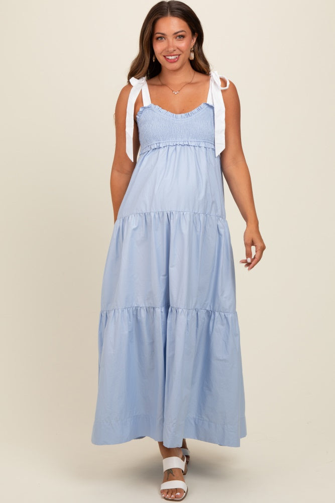 Light Blue Contrast Shoulder Straps Maternity Maxi Dress
