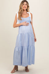 Light Blue Contrast Shoulder Straps Maternity Maxi Dress