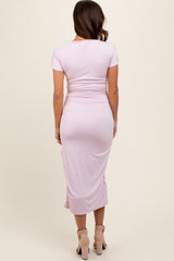 Lavender Boat Neck Side Ruched Waist Tie Maternity Midi Dress
