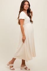 Ivory Puff Sleeve Linen Maternity Midi Dress