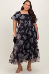 Black Floral Organza Square Neck Maternity Plus Midi Dress