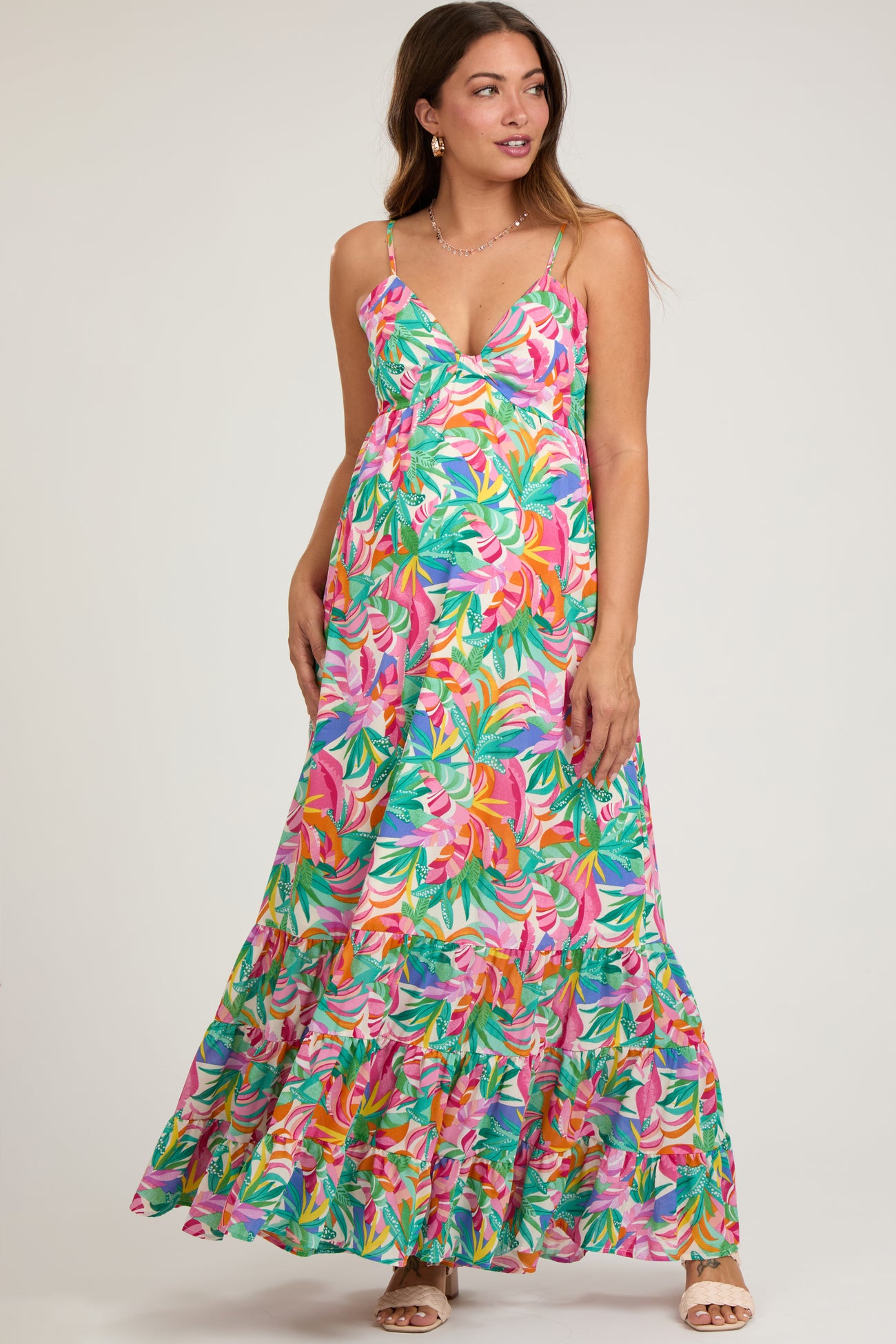 Green Floral Sleeveless Ruffle Hem Maternity Maxi Dress