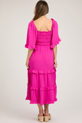 Fuchsia Smocked Ruffle Tiered Maternity Midi Dress